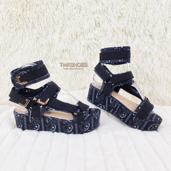 Bandanna 2" Platform Sandals harness strap shoes Black Bandana - Picture 3 of 14